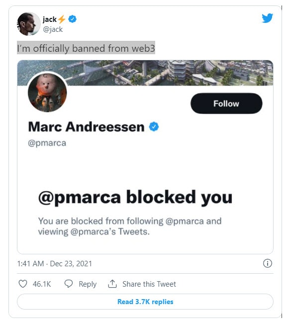 Marc Andreessen ตัดสินใจที่จะบล็อก @jack ใน Twitter (CR:Twitter)