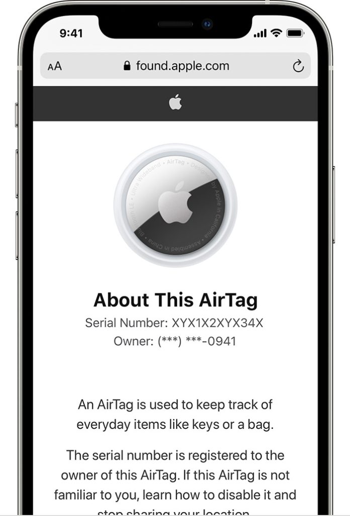 ค้นหาหมายเลขซีเรียลของ AirTag (CR:Apple Support)