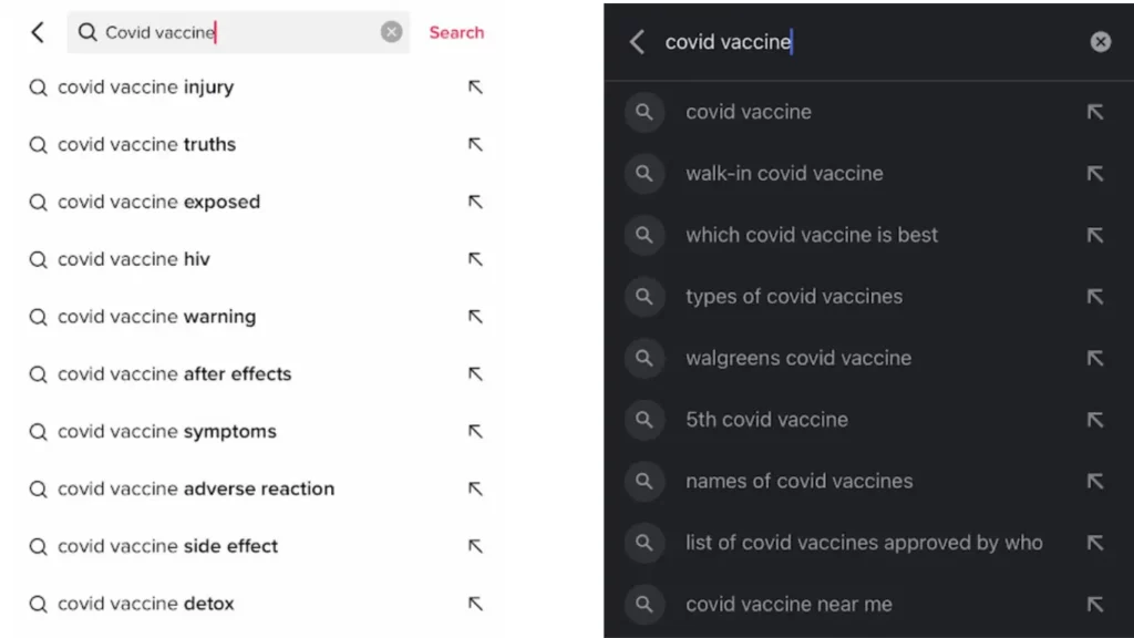 คำค้นหาที่แนะนำสำหรับ “วัคซีนโควิด” บน TikTok (CR:NewsGuard)